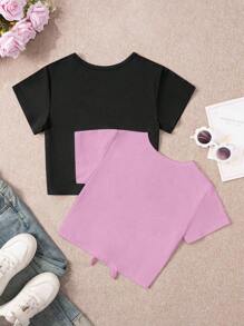 Set de 2 piezas de camiseta de manga corta con lazo delantero informal para niñas y niñas pequeñas
