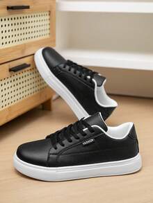 Men's Fashionable Lightweight Black High-End Minimalist Comfortable Low-Top Casual Sneakers, Suitable For Daily Commute And Business, Classic Lace-Up Patchwork Flat Shoes, Couples Shoes - Black - View 2