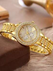 1 peça, relógio feminino, relógio de ouro, elegante e luxuoso, com pulseira de aço e três algarismos romanos, relógio de quartzo, material de liga, adequado para reuniões e jantares diários, o presente de aniversário perfeito