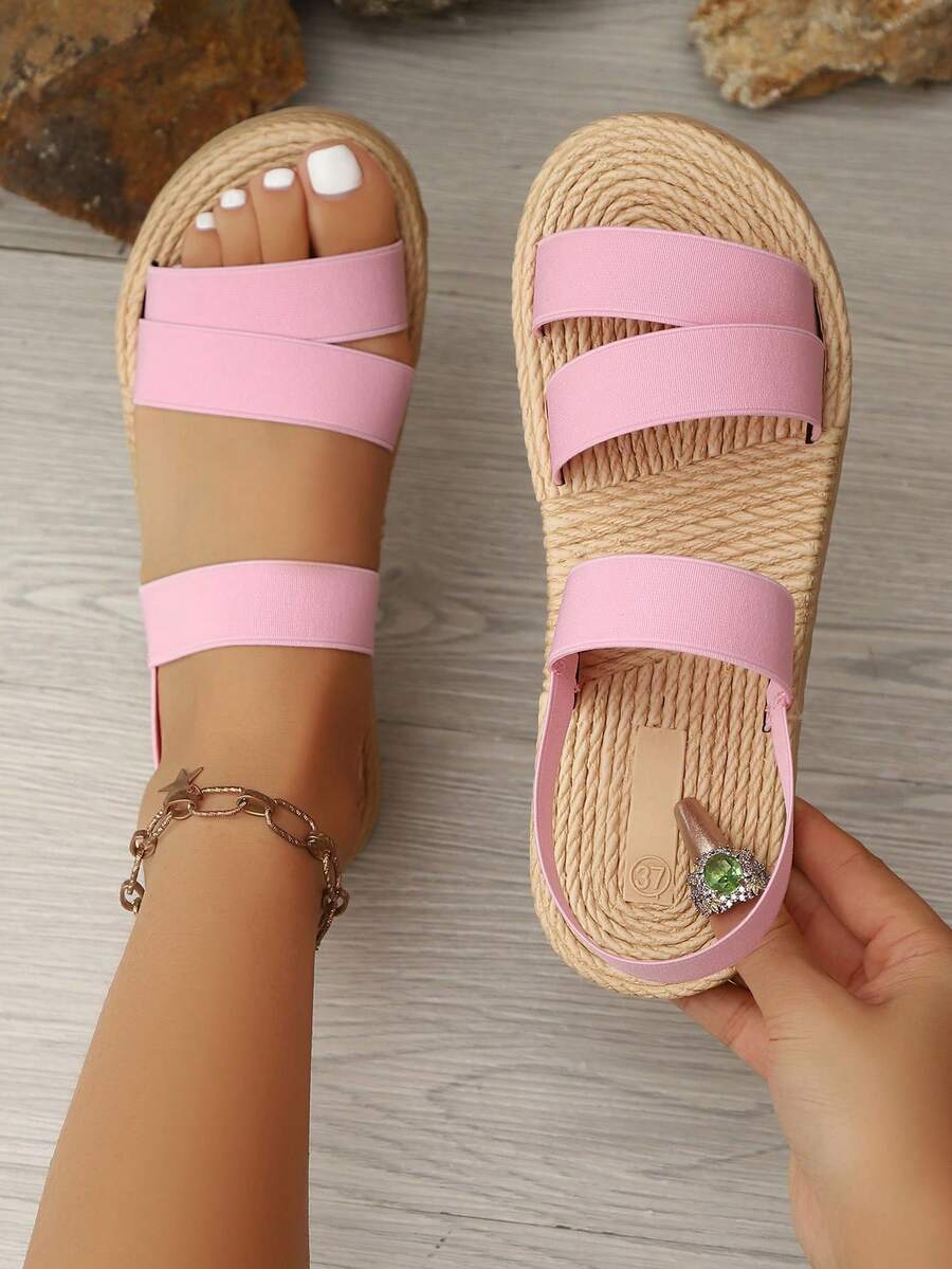Women's Elastic Strap Slip-On Flat Sandals, Lightweight Comfortable Straw-Like Bottom, Beach Style For Summer - Pink - View 1