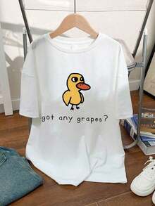Teen Girl Cartoon Duck And Slogan Print Graphic Tees For Girl Short Sleeve T Shirts,Teen Girl's Summer Tops Crewneck Shirt Blouse - trắng - Xem 2