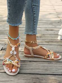 WRCVS Beige Women's Sandals, Vintage Handmade Beaded Woven Flat, Summer Shoes, Beach, Casual, Boho - Beige - View 4