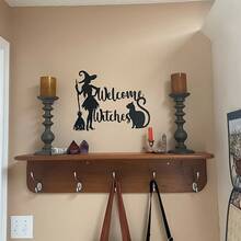 1 لوحة جدارية من الأكريليك بصورة ساحرة و قطة و مكنسة كترحيب - ديكور هالوين ، زينة خارجية لأعياد ، مناسبة للمنزل والمدخل