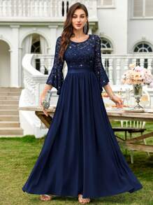 MIUSOL Sequin Floral Lace Flare Sleeve Contrast Chiffon Ruched Hem Formal Party Maxi Dress, Elegant Party, For Wedding Guest, Graduation, Dinner Evening Dress