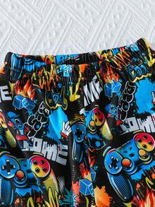 Conjunto de 2 piezas de niños de 4 a 7 años con estampado de dibujos animados, incluyendo blusa de manga corta linda + pantalones cortos casuales, conjunto deportivo de moda - Negro - Ver 4