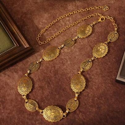 1pc Women's Bohemian Western Style Carved Geometric Pattern Vintage Waist Chain, Casual Fashion Accessory
