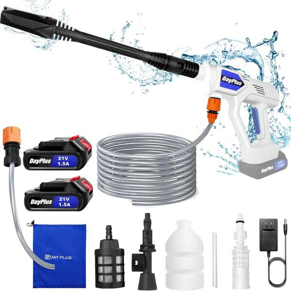 Vandise Nettoyeur haute pression sans fil haute puissance Jet Wash Car Patio Cleaner avec batterie Li-Ion, buses réglables, accessoires, tuyau de 5 m Nettoyeur haute pression sans fil, nettoyeur haute pression électrique portable 21 V, 45 bar/6534 psi, avec un tuyau flexible de 5 mètres et 1 batterie de 1500 mAh, utilisé pour le lavage, le nettoyage et l'irrigation des voitures.