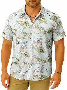 Floral Hawaiian Shirt For Men Summer Button Up Shirt Short Sleeve Mens Beach Tropical Casual Aloha Shirthalloween - 淺藍粉紅碎花 - 查看 1