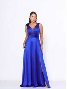 Long Satin Bridesmaid Dress With Flower Detail - Royal Blue - View 7