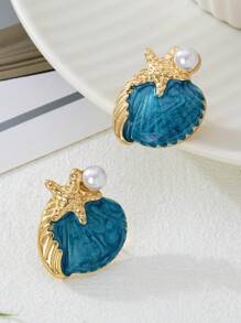 1 Pair Summer Island Relaxed Energetic Tropical Vibes Blue Dripping Oil Starfish & Shell Women Earrings, Holiday Gift, Summer Jewelry