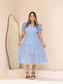 Women's Midi Dress With Embroidered Laise All-Over Print Embroidery Button Ruffles Gathered Formal And Evening - Baby Blue Two-tone - View 1