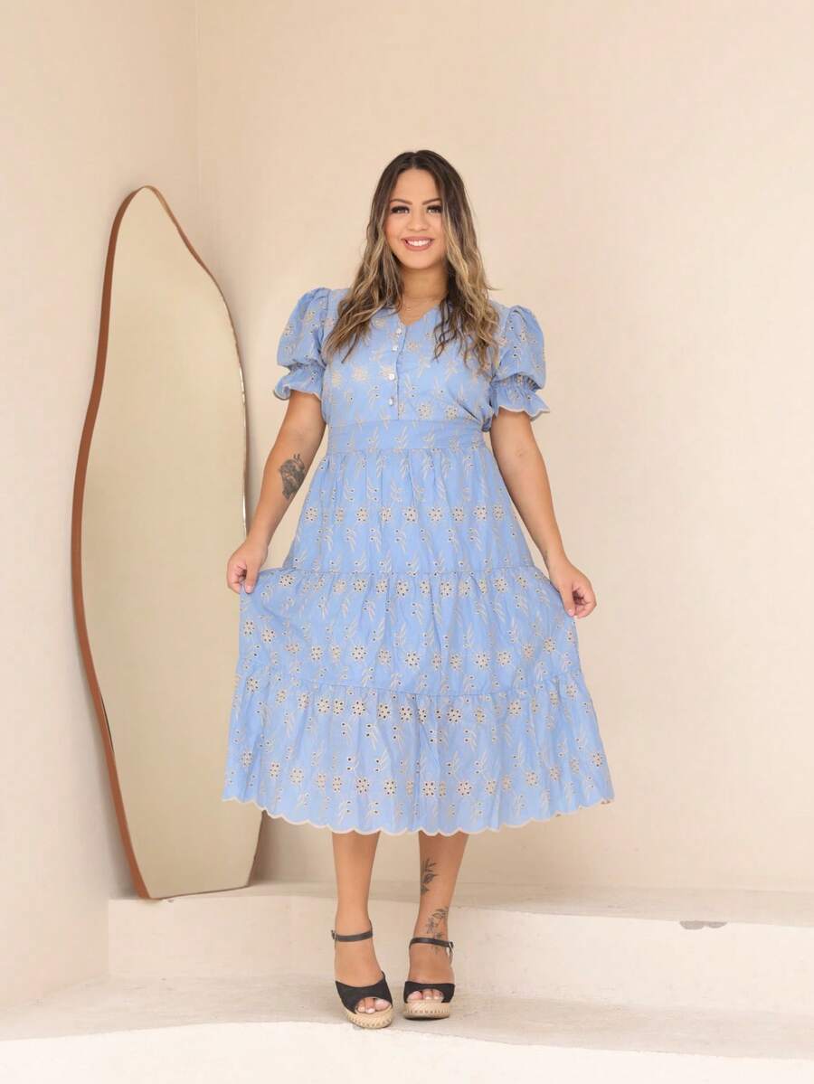 Women's Midi Dress With Embroidered Laise All-Over Print Embroidery Button Ruffles Gathered Formal And Evening - Baby Blue Two-tone - View 1
