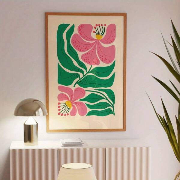 1pc Vibrant Abstract Floral Botanical Art Print - Frameless Canvas Wall Art, Pink And Green Modern Home Decor For Living Room, Bedroom, Kitchen, Bathroom, Kitchen Artwork | Minimalist Frame Decor | Ink On Canvas, Large Canvas Wall Art