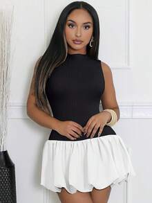 Bubble Dress Women Sleeveless Mock Neck Knit Open Back Dress Bodycon Y2k Party Club Short Dress - Black White - 查看 4