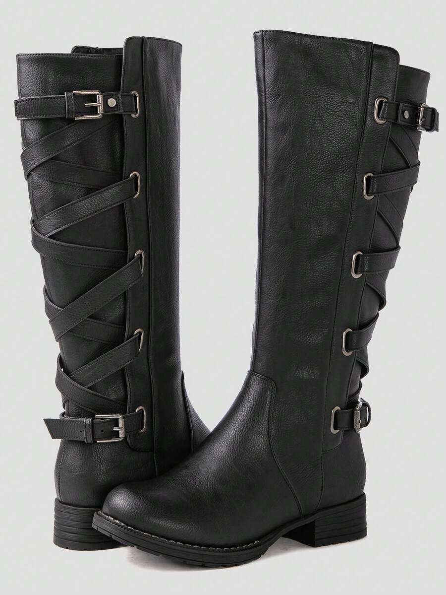 GLOBALWIN Women's Quilted Knee High Fashion Boots Strappy Boots For Women Goth Fall Boots Holiday Season Fall Winter Boots - màu đen - Xem 1