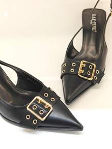 RevReaL Pointed Toe Slingback Heels With Double Buckle Detail - Minimalist Chic Pumps - Black - View 4