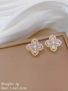 [Thép Titan] Bộ vòng cổ và hoa tai, Bộ trang sức tiệc tối đính đá Clover Zirconia sang trọng (Không bao gồm hộp) - Vàng - Xem 6