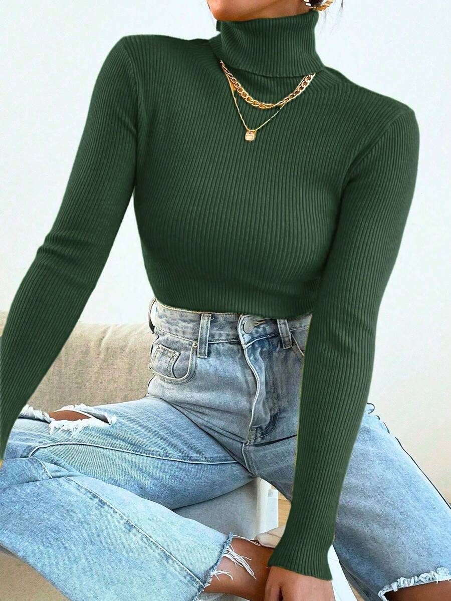 Women's Knitted Blouse High Neck Cacharrel Basic Wool Sweat Fashion Shipping!! - Militar Green - View 1