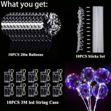 10 pièces Ballons LED transparents avec des bâtons, ballons à bulles lumineux, convient pour Noël, Nouvel An, anniversaire, décoration de mariage, mise en page des vacances, décoration de Noël, fonctionnement sur batterie (piles non incluses)