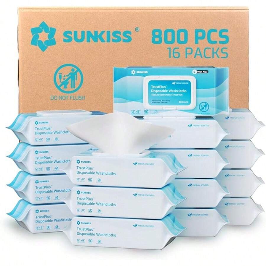 SUNKISS Trustplus Wet Wipes For Adult No Rinse, Extra Large 8"X12" Body Cleaning Washcloths For Elderly Incontinence & Cleansing, Unscented, 200 Count (4 Packs Of 50) - Fresh - View 1