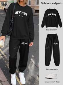 Conjunto deportivo informal de sudadera para mujer con estampado de Nueva York, EE.UU. para otoño e invierno