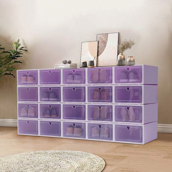 Purple Color 20pcs Foldable Shoe Boxes Plastic Stackable Shoe Storage Shoes Box Organiser For Home/ Store