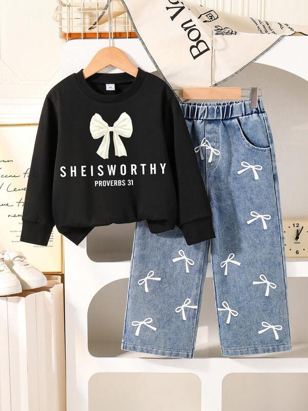 2件套女童可爱蝴蝶结图案印花卫衣和牛仔裤套装