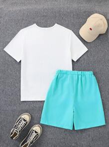 2pcs/Set Teen Boy Casual Coconut Tree Slogan Graphic Tee And Solid Shorts Set, Suitable For Vacation, All-Match Sporty, Summer