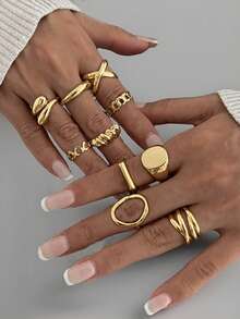 10pcs Set Minimalist Metal Geometric Wide Band Ring Set, Vintage Style Rings For Women, Suitable For Vacation, Beach, Date, Casual, Party And Other Occasions - 10 Rings - View 1
