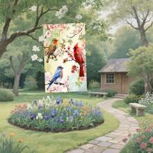 1 Gartenflagge 2D Banner Polyester Willkommen Frühling/Sommer Kardinäle und Vögel Gartenflagge, 30 * 45cm/70 * 100cm, Polyesterfaser Gewebe, bunt bedrucktes Außenbanner, geeignet für Hof, Garten, Rasen, Heim-Dekoration, naturinspiriertes Design