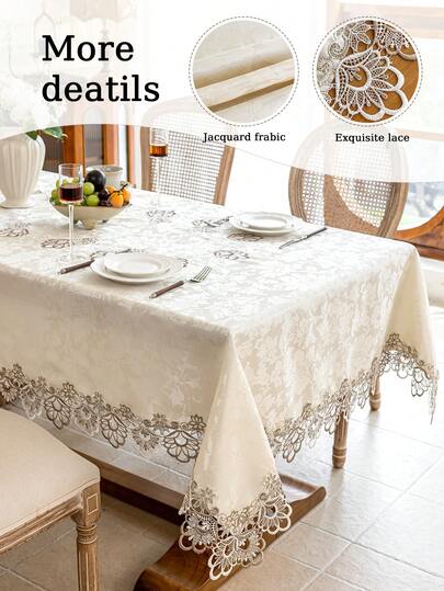 1 Stück europäischer Stil einfarbige wasserdichte Tischdecke mit eleganter goldfarbener bestickter Blumenspitze, luxuriöser Palast-Stil, romantisches Blumenmuster und exquisite Stickereien, geeignet für Küche, Esszimmer, Wohnzimmer, Zuhause, Party, Hotel, Esszimmertisch Dekoration, rechteckig, saisonales Geschenk, verschiedene Größen erhältlich