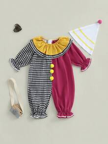 0-5 Years Kids Toddler Baby Boy Girl Clown Costume Halloween Outfits Contrast Color Long Sleeve Jumpsuit And Hat 2Pcs Clothes Set Funny Clown Dress Up Cosplay Costume - 黑色 - 查看 2
