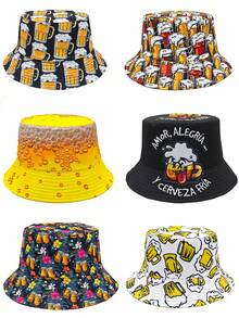 Fashionable Beer Print Double-Sided Outdoor Party Travel Holiday Bucket Hat, Casual Beach Hat - A - View 11