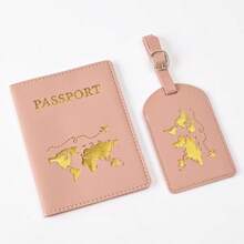 1 Set Map Print Anti-Lost Luggage Tag & Passport Holder, Printed PU Travel Essentials, Travel Organizer, Travel Wallet, Passport Cover, Beach Holiday, Summer Christmas Vacation Travel Accessories Vacation Back To School Women Mini Travel Products