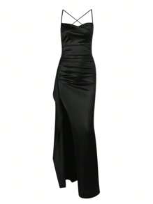 WOWDARK Women's Autumn Ruched Split Satin Formal Dress, Party Dress, Gown, For Evening, Wedding Guest