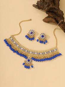 Set de 3 piezas de joyería estilo bohemio con Brillo y Gracia: Collar, pendientes de flor con strass y colgante con cuentas y borlas, y gargantilla; adecuado para bodas, banquetes, fiestas, uso diario y como regalo de joyería de vacaciones para chicas