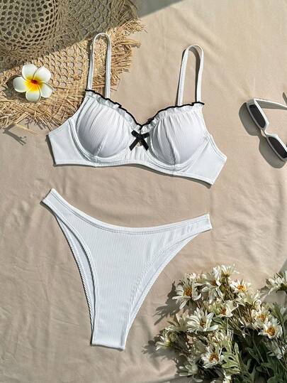 Bikinx Conjunto de traje de baño con tela de rayas de canalé y anillos de acero de borde fino contrastante