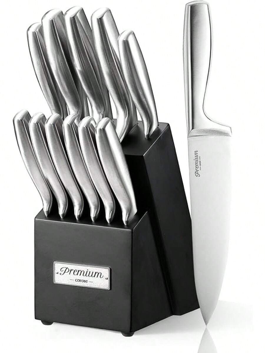 CAROTE 11 Pieces Knife Set With Block For Kitchen, Stainless Steel Razor-Sharp Blade, Triple Riveted Ergonomic Handle, Wooden Magnetic Block, Essential Knife Block Set, Beigeprompt Goods - Black-sS - View 1