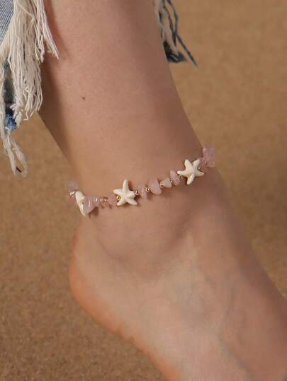 1 pieza Tobillera de mujer con estilo bohemio con estrella de mar y piedra natural, para usar en la playa, de estilo oceánico para vacaciones y uso diario