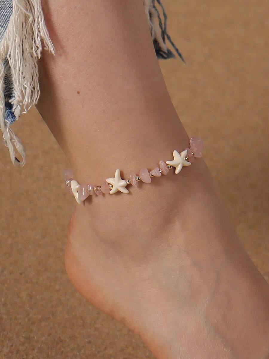 1pc Boho Style Starfish Natural Stone Women Anklet, Ocean Vibe Beach Vacation Everyday Wear