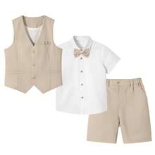 4-Piece Boys' Short Suit Set, Linen Summer Suit For Kids, Formal Wear For Summer Weddings, Birthday Party Outfit, Vest And Shorts Set For Boys - Khaki - View 3