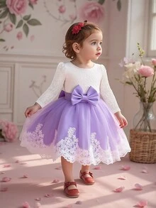 女婴蕾丝网纱露背蝴蝶结优雅可爱花童礼服，适合婚礼、派对和生日等场合，不含头饰