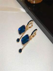 1 Pair Luxury Elegant Blue Square Clip-On Earrings, Niche Design Graceful Earrings