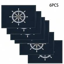 1pc/4pcs/6pcs Nautical Helm & Wheel Print Placemats - Navy Blue & White Polyester Machine Washable Rectangular Placemats, For Home Decor, Kitchen, Party, Birthday And Holiday Gifts, Party Tableware | Nautical Theme | Polyester Placemats - Multicolor - View 13