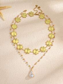 2er Set Halskette mit Edelstahl, goldplattierter Muschel, Niet Herz, Blume, Stern, Kreuz, Kunstperle, handgefertigt, für Damen geeignet für Alltag, Strand, Party, Urlaub, als Geschenk für Freunde