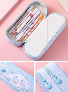 Sanrio Set de 7 piezas - Estuche/caja de lápices de gran capacidad de doble capa de Sanrio, que incluye 1 caja de artículos de papelería, 2 bolígrafos, 4 gomas de borrar de presión, Set de caja de artículos de papelería de Kuromi, un gran regalo para volver a la escuela para niños
