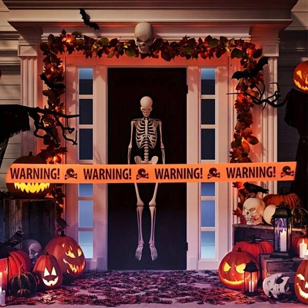 2pcs, 500cm Halloween Caution Tape, Skull Warning Sign, Single-Use Barricade Tape, For Halloween Party Decoration, Halloween Themed Supplies, Halloween Scene Decor, Festival Decoration, Event Party Decorations