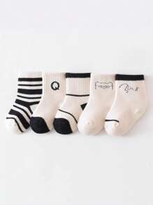 5 Pairs Of Socks For Boys And Girls Aged 0-8, In Spring, Summer, And Autumn. Baby Socks, Black And White Socks