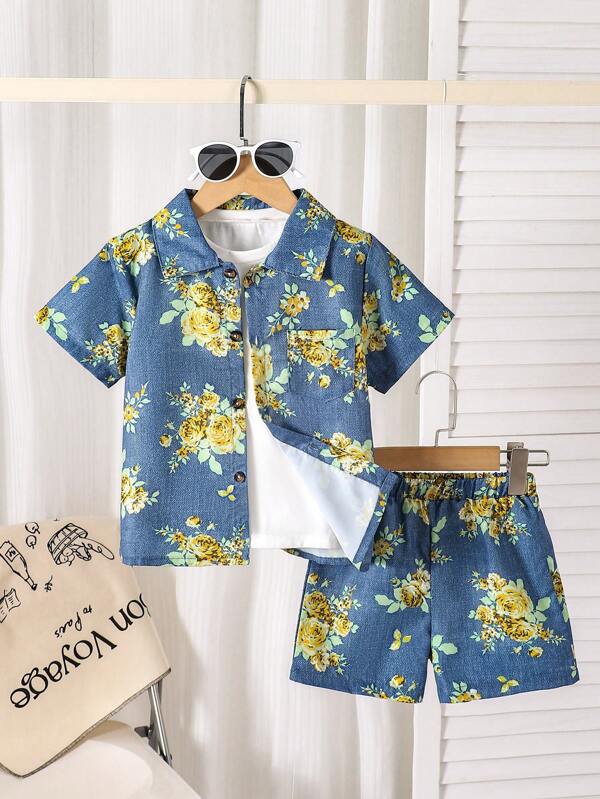 idolCat 2 Stücke/Set Jungen Modische Floral Muster Hawaii Kurzarmhemd und bequeme Shorts mit elastischem Bund, perfekt für Sommerurlaub, Outdoor und Alltagstragen
