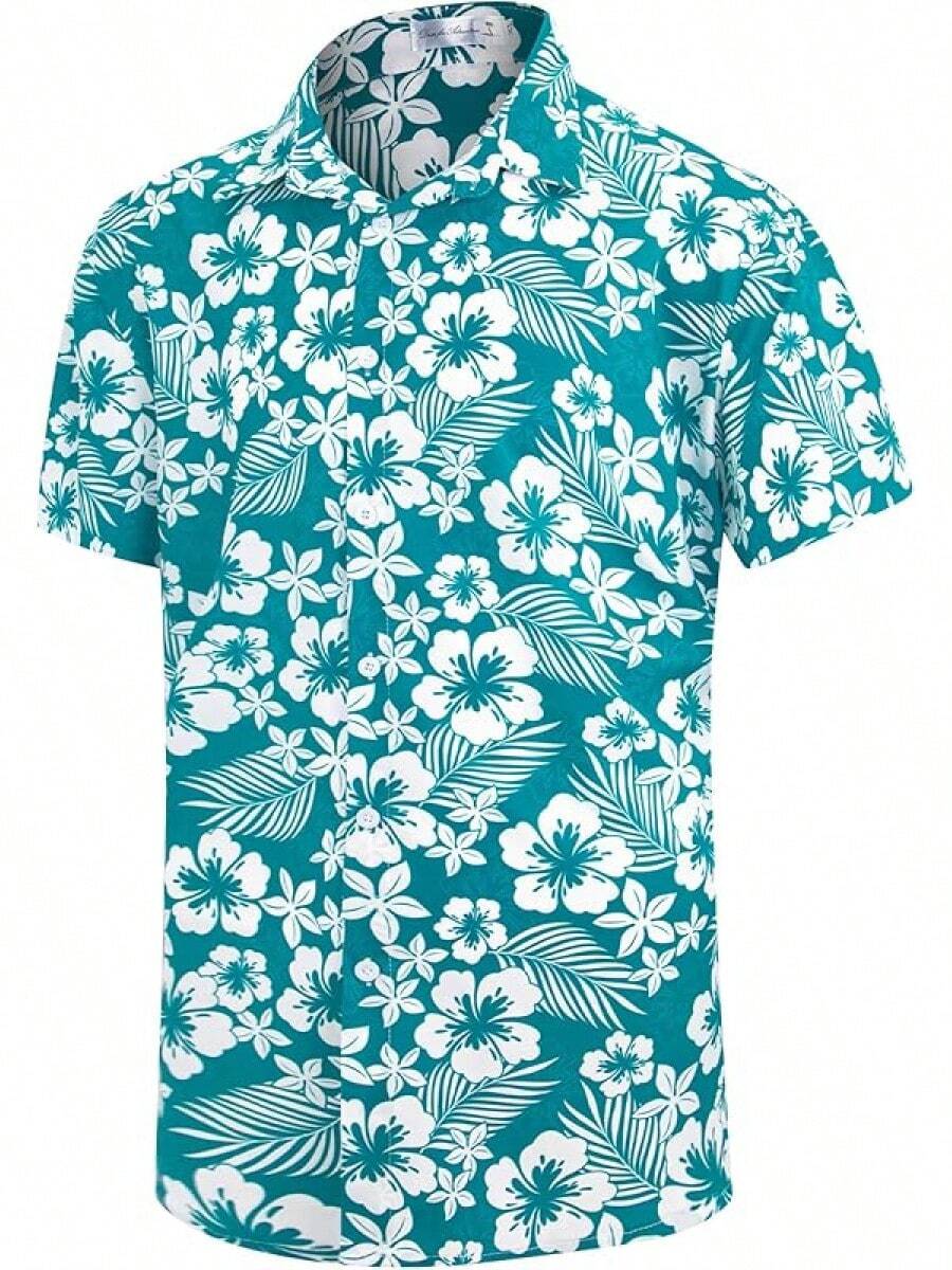 Big And Tall Men's Hawaiian Shirt - Short Sleeve, Tropical Floral Button Down Casual Summer Beach Shirthalloween - 綠色雞蛋花 - 查看 1